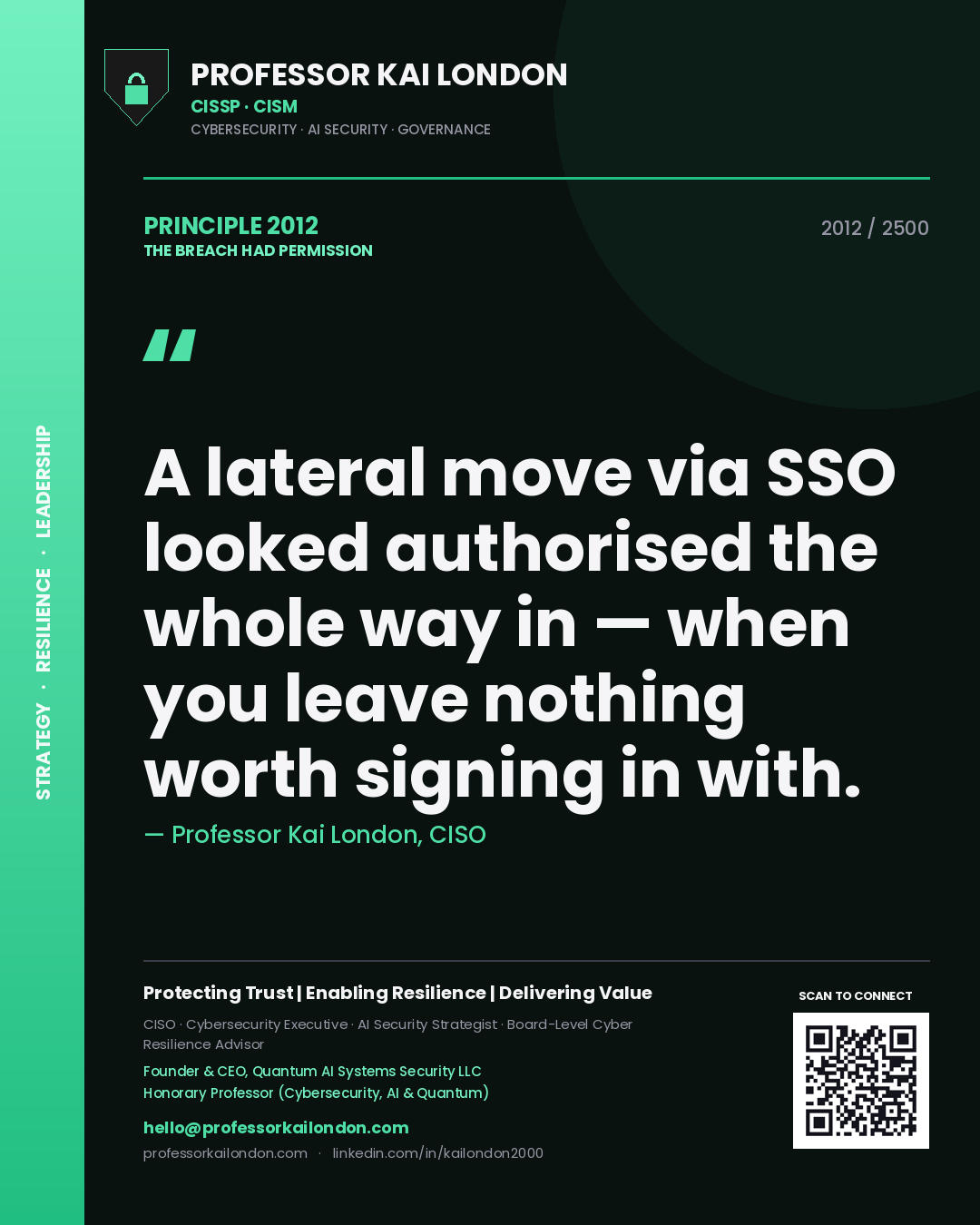 Professor Kai London principle 2012: A lateral move via SSO looked authorised the whole way in — when you leave nothing worth signing in with.