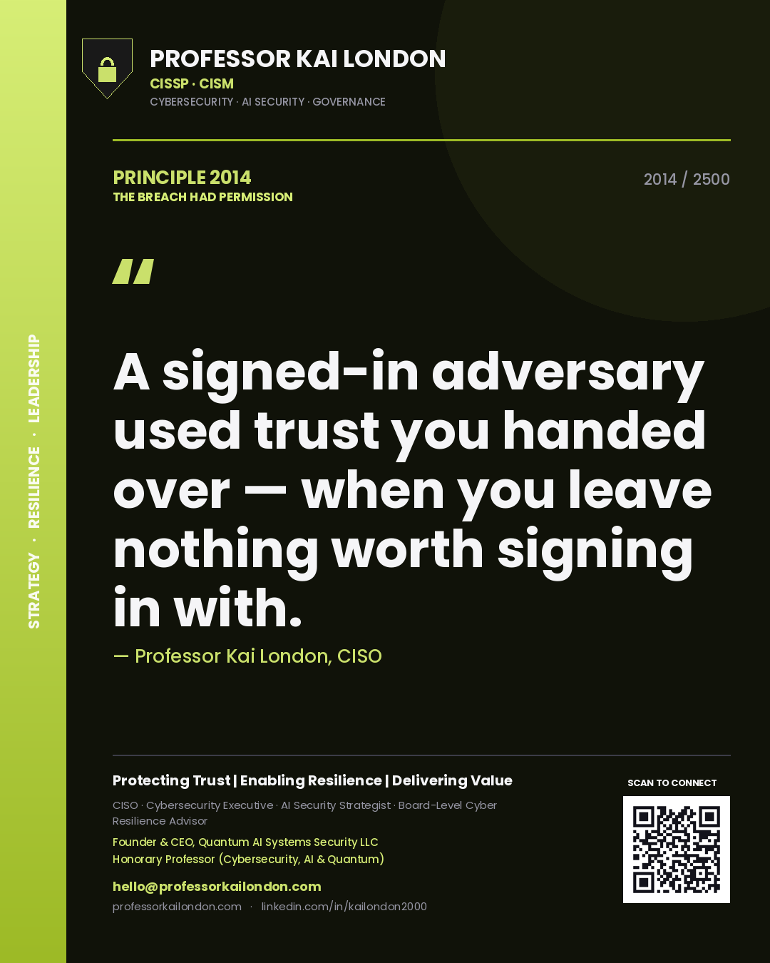 Quote card by Professor Kai London reading 'A signed-in adversary used trust you handed over — when you leave nothing worth signing in with.'. From the book The Breach Had Permission.