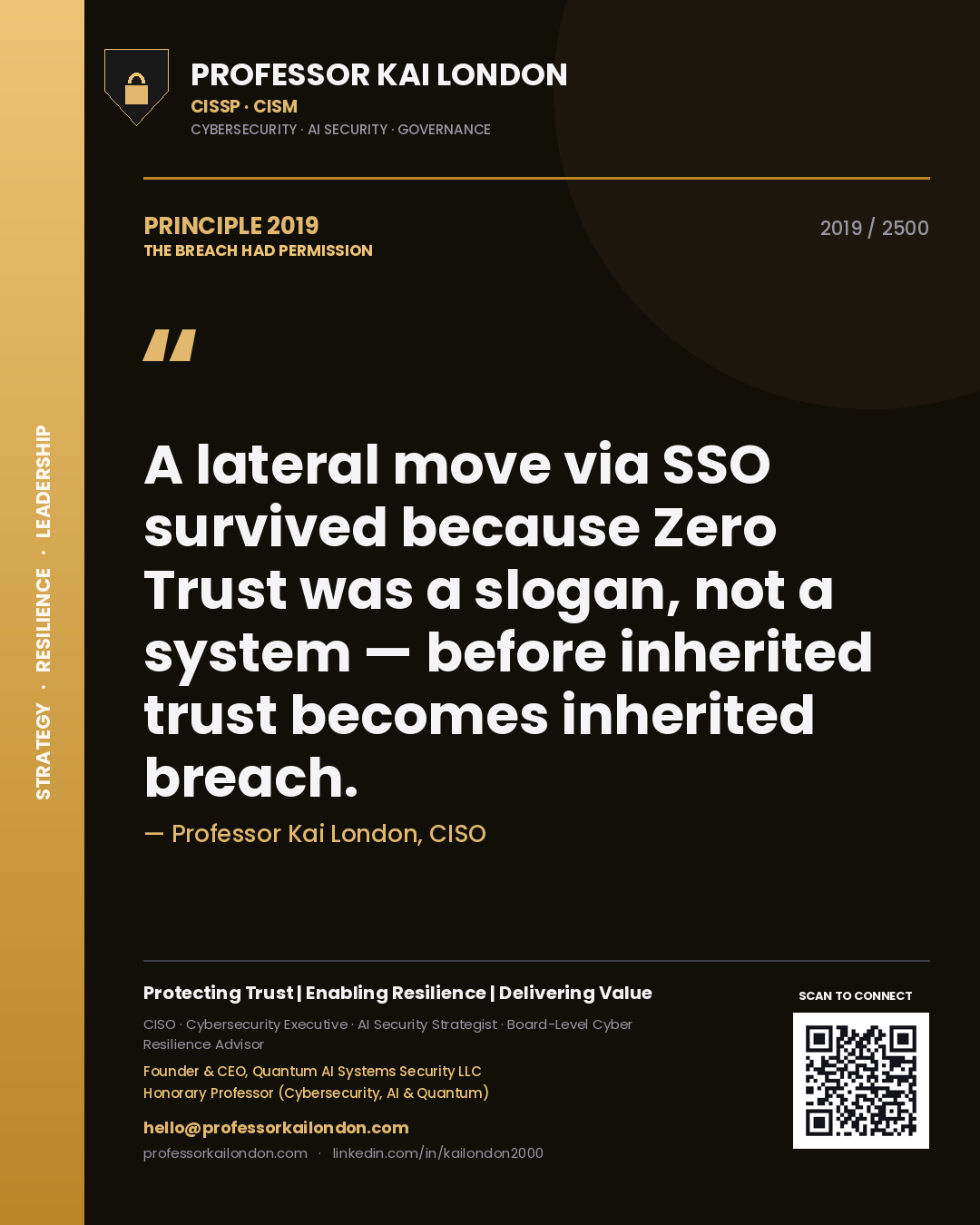 Professor Kai London principle 2019: A lateral move via SSO survived because Zero Trust was a slogan, not a system — before inherited trust becomes inherited breach.
