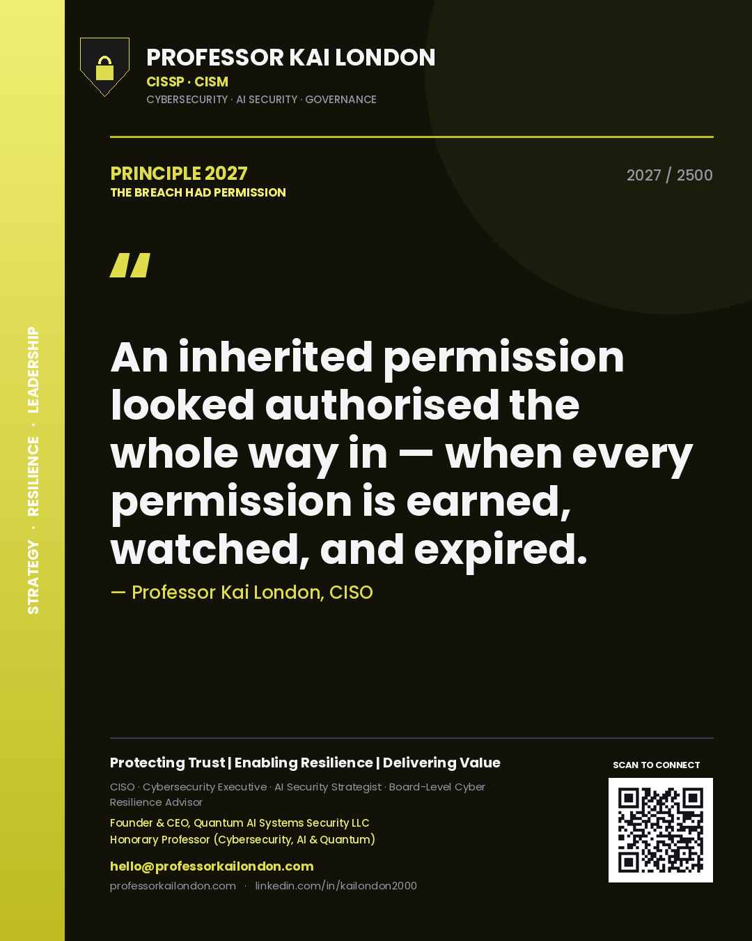 Quote card by Professor Kai London reading 'An inherited permission looked authorised the whole way in — when every permission is earned, watched, and expired.'. From the book The Breach Had Permission.