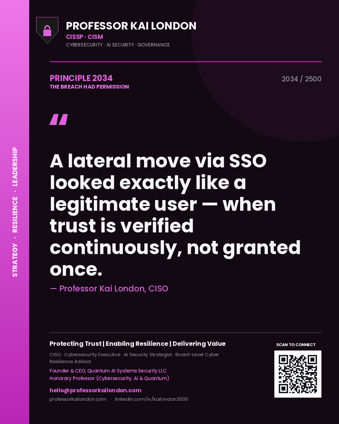 Quote card by Professor Kai London reading 'A lateral move via SSO looked exactly like a legitimate user — when trust is verified continuously, not granted once.'. From the book The Breach Had Permission.
