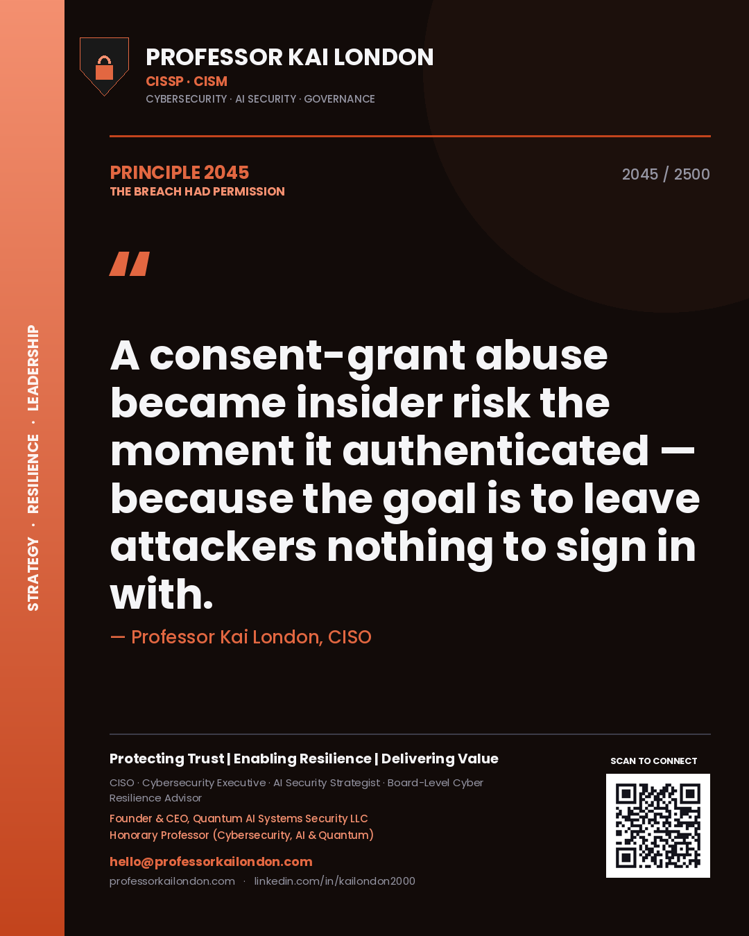 Professor Kai London principle 2045: A consent-grant abuse became insider risk the moment it authenticated — because the goal is to leave attackers nothing to sign in with.