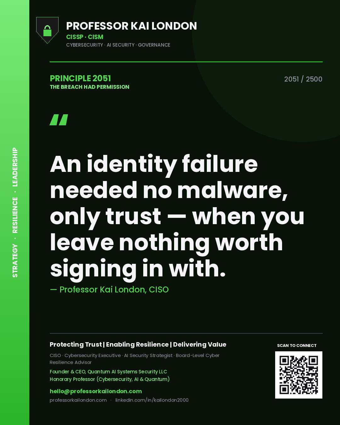 Quote card by Professor Kai London reading 'An identity failure needed no malware, only trust — when you leave nothing worth signing in with.'. From the book The Breach Had Permission.