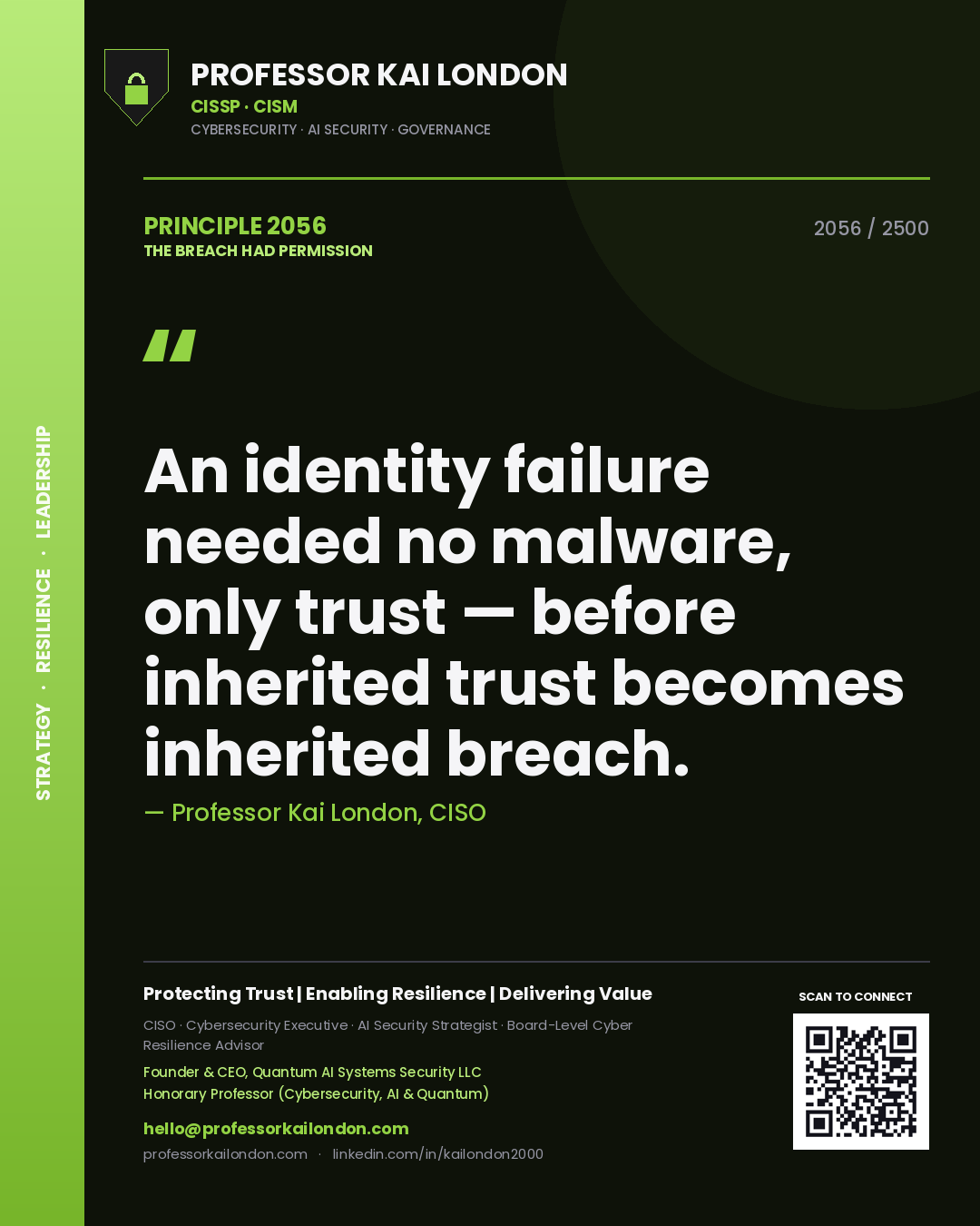 Professor Kai London principle 2056: An identity failure needed no malware, only trust — before inherited trust becomes inherited breach.