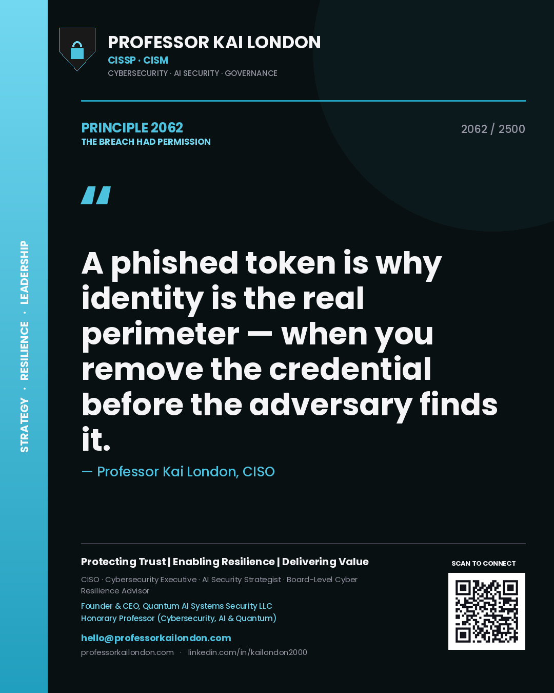 Professor Kai London principle 2062: A phished token is why identity is the real perimeter — when you remove the credential before the adversary finds it.