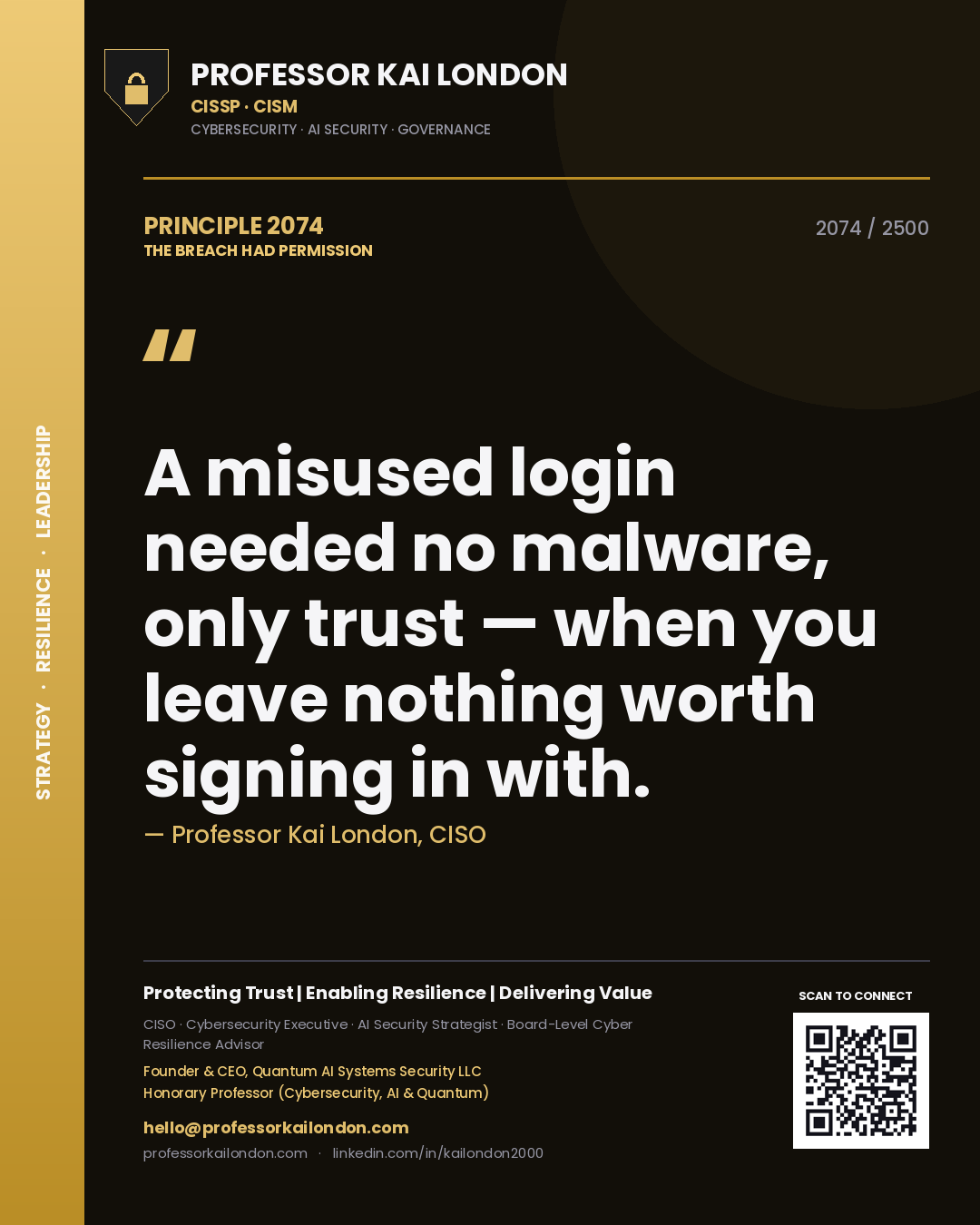 Quote card by Professor Kai London reading 'A misused login needed no malware, only trust — when you leave nothing worth signing in with.'. From the book The Breach Had Permission.