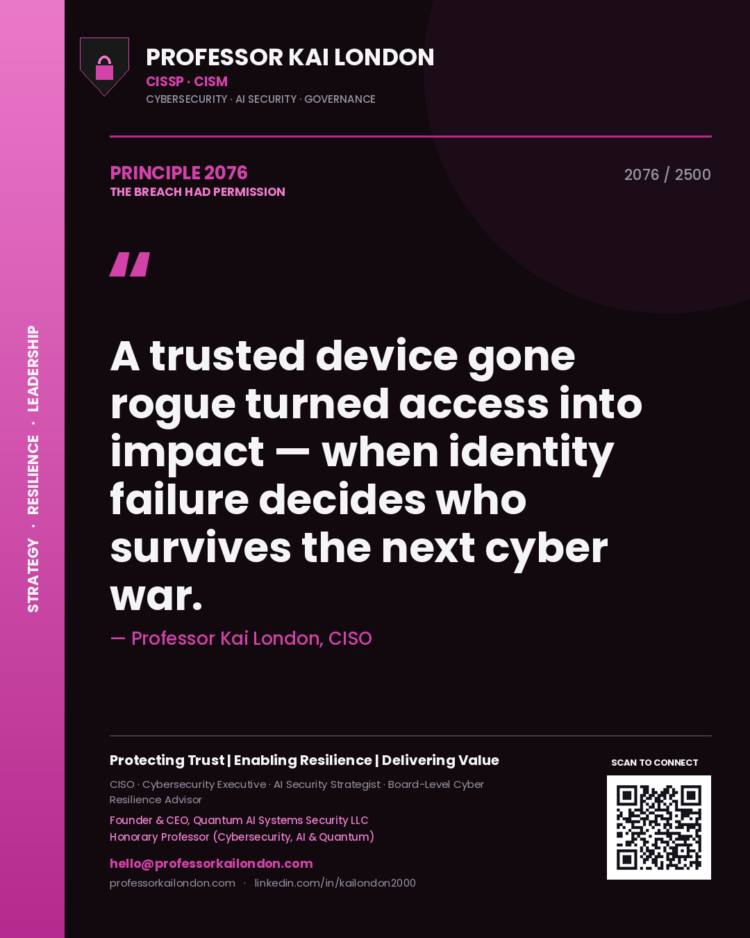 Quote card by Professor Kai London reading 'A trusted device gone rogue turned access into impact — when identity failure decides who survives the next cyber war.'. From the book The Breach Had Permission.