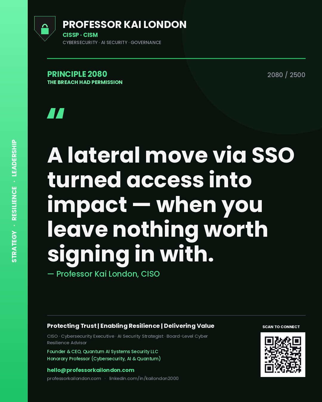 Quote card by Professor Kai London reading 'A lateral move via SSO turned access into impact — when you leave nothing worth signing in with.'. From the book The Breach Had Permission.