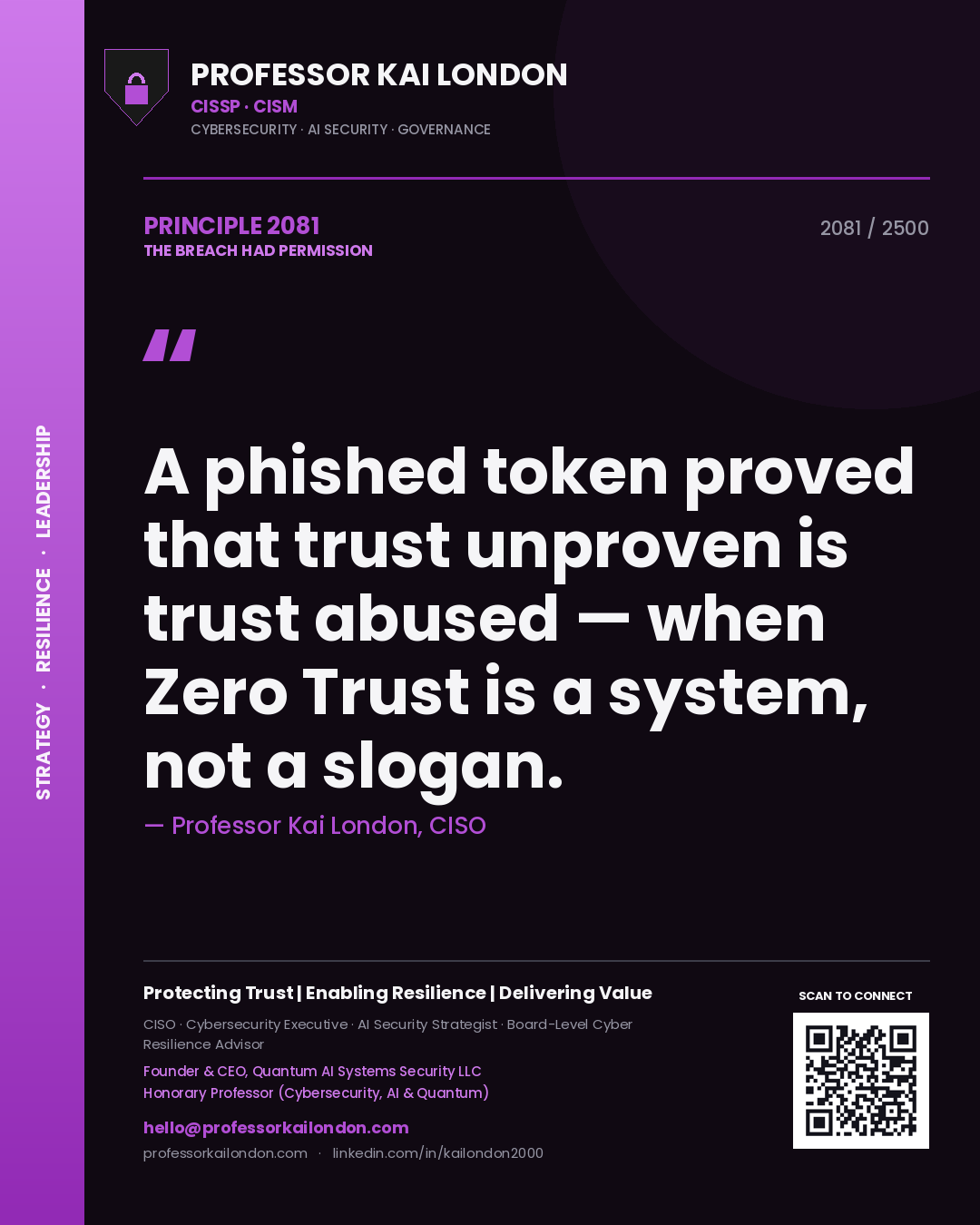 Quote card by Professor Kai London reading 'A phished token proved that trust unproven is trust abused — when Zero Trust is a system, not a slogan.'. From the book The Breach Had Permission.