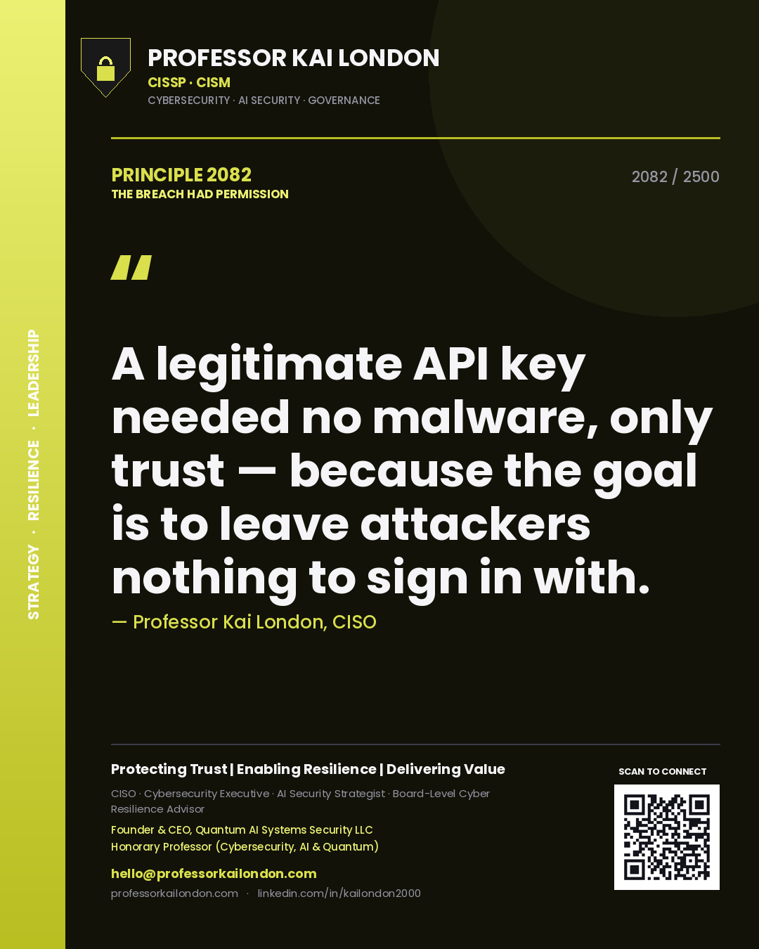 Quote card by Professor Kai London reading 'A legitimate API key needed no malware, only trust — because the goal is to leave attackers nothing to sign in with.'. From the book The Breach Had Permission.