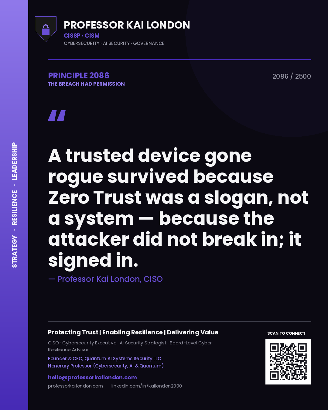 Quote card by Professor Kai London reading 'A trusted device gone rogue survived because Zero Trust was a slogan, not a system — because the attacker did not break in; it signed in.'. From the book The Breach Had Permission.
