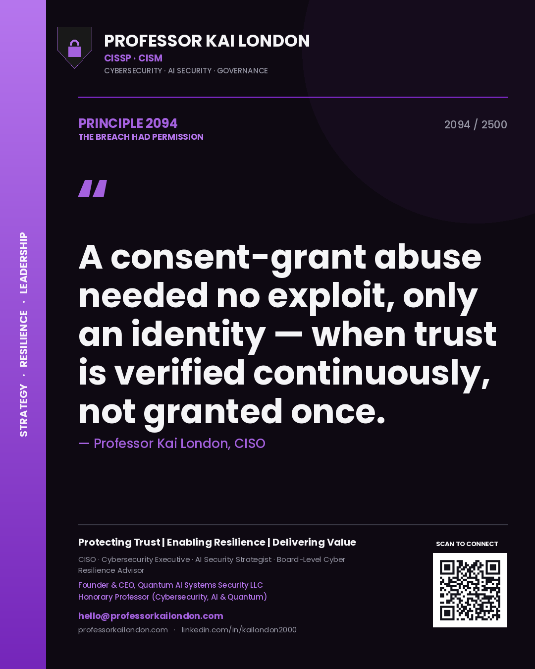 Professor Kai London principle 2094: A consent-grant abuse needed no exploit, only an identity — when trust is verified continuously, not granted once.