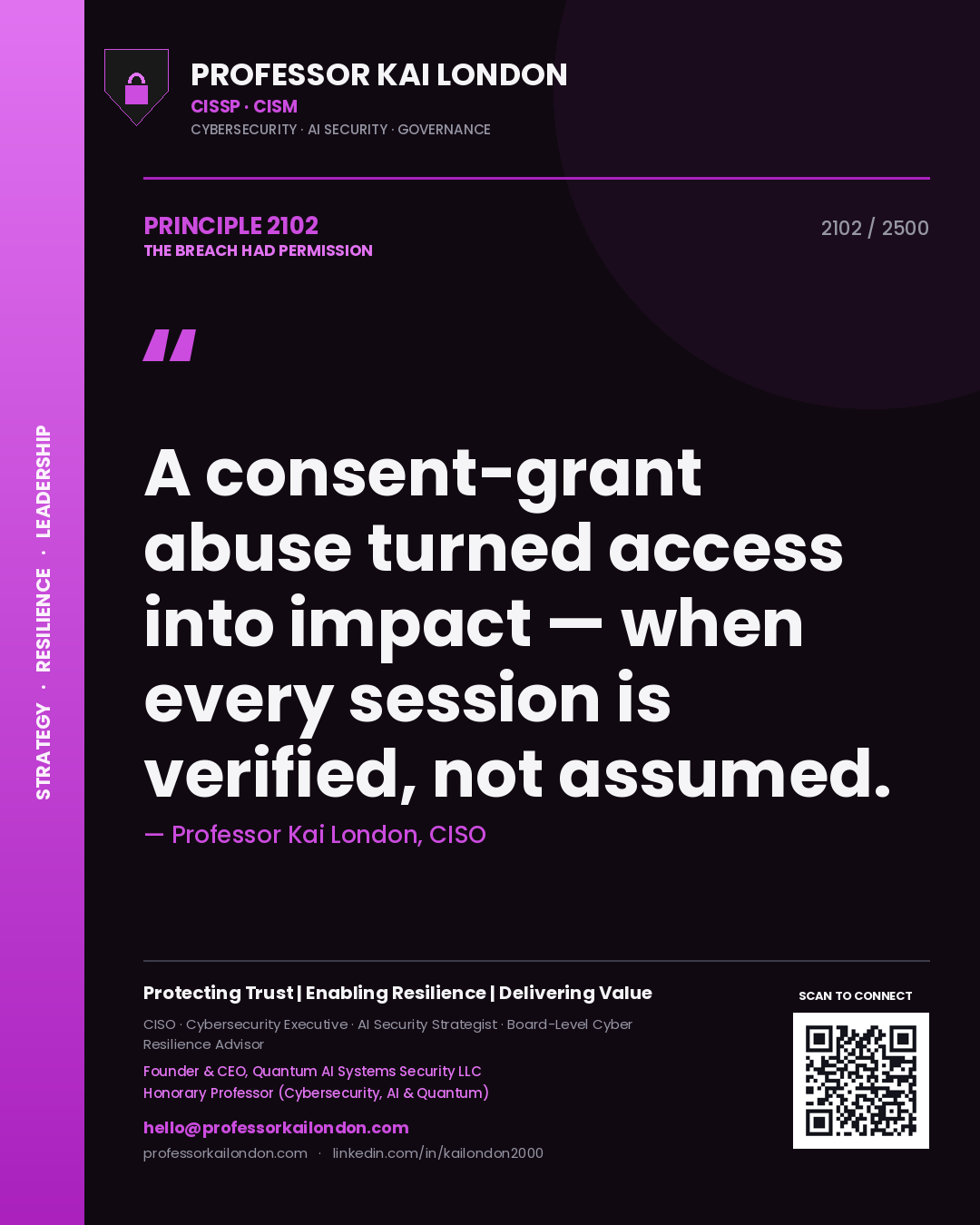 Professor Kai London principle 2102: A consent-grant abuse turned access into impact — when every session is verified, not assumed.
