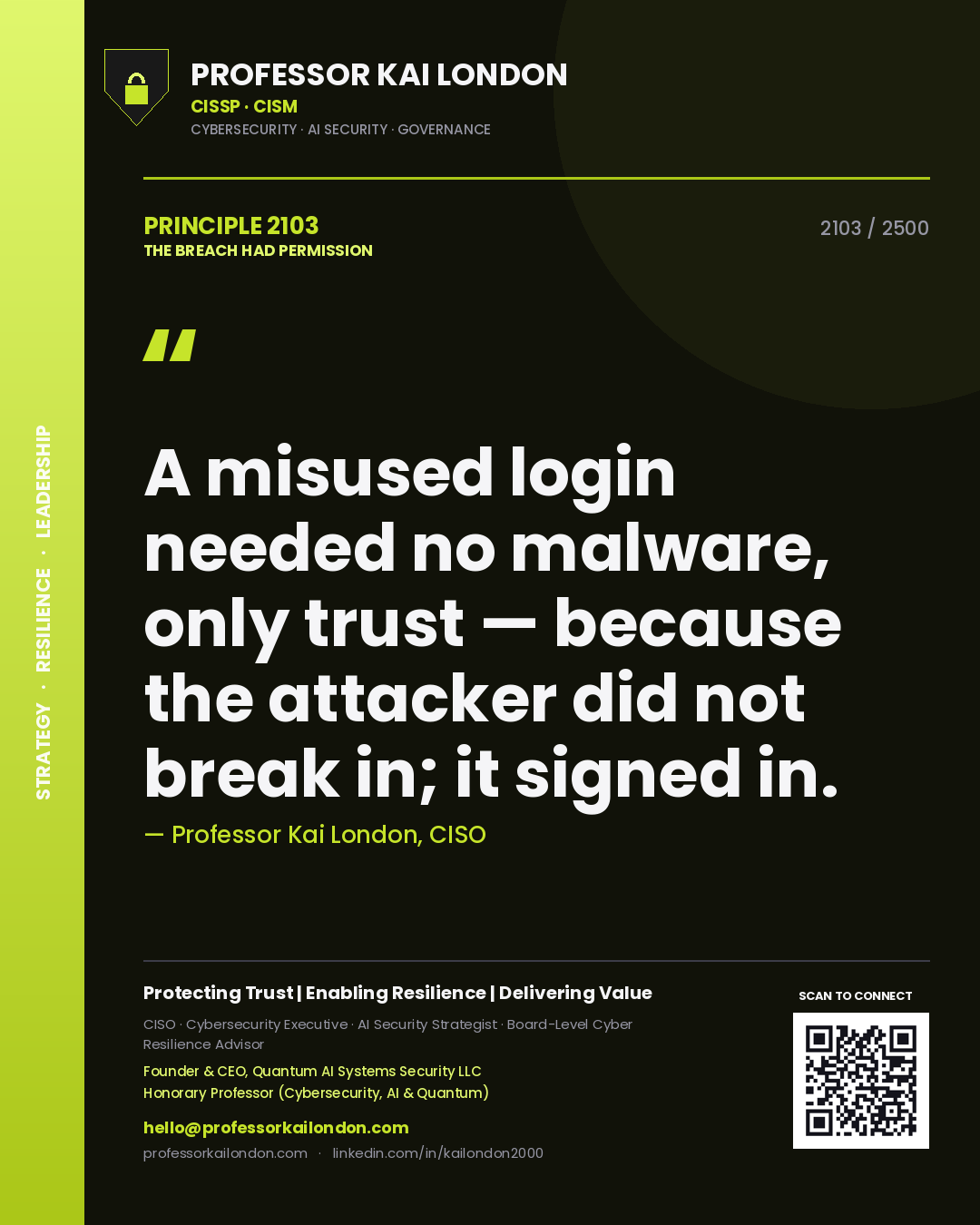 Professor Kai London principle 2103: A misused login needed no malware, only trust — because the attacker did not break in; it signed in.