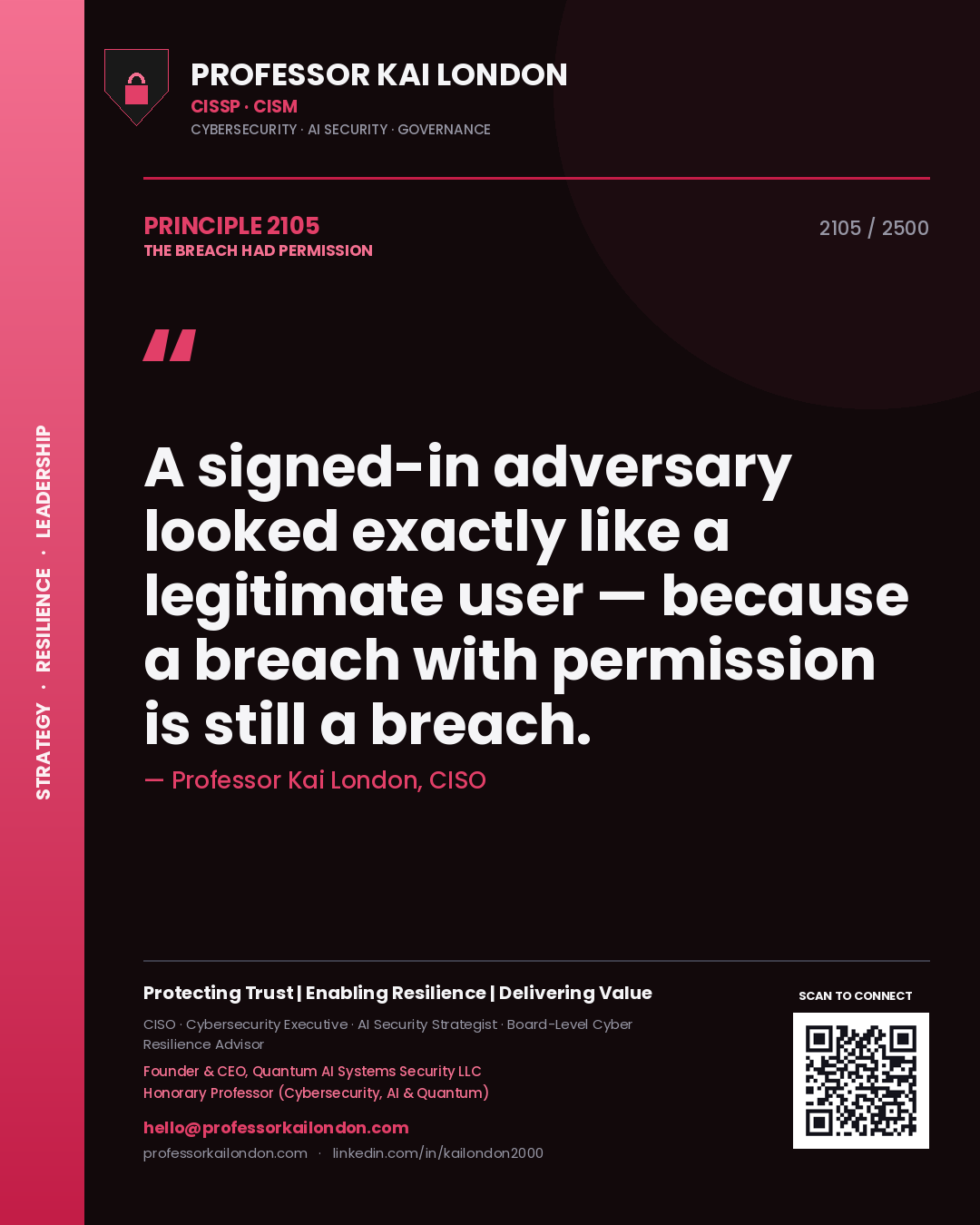 Professor Kai London principle 2105: A signed-in adversary looked exactly like a legitimate user — because a breach with permission is still a breach.