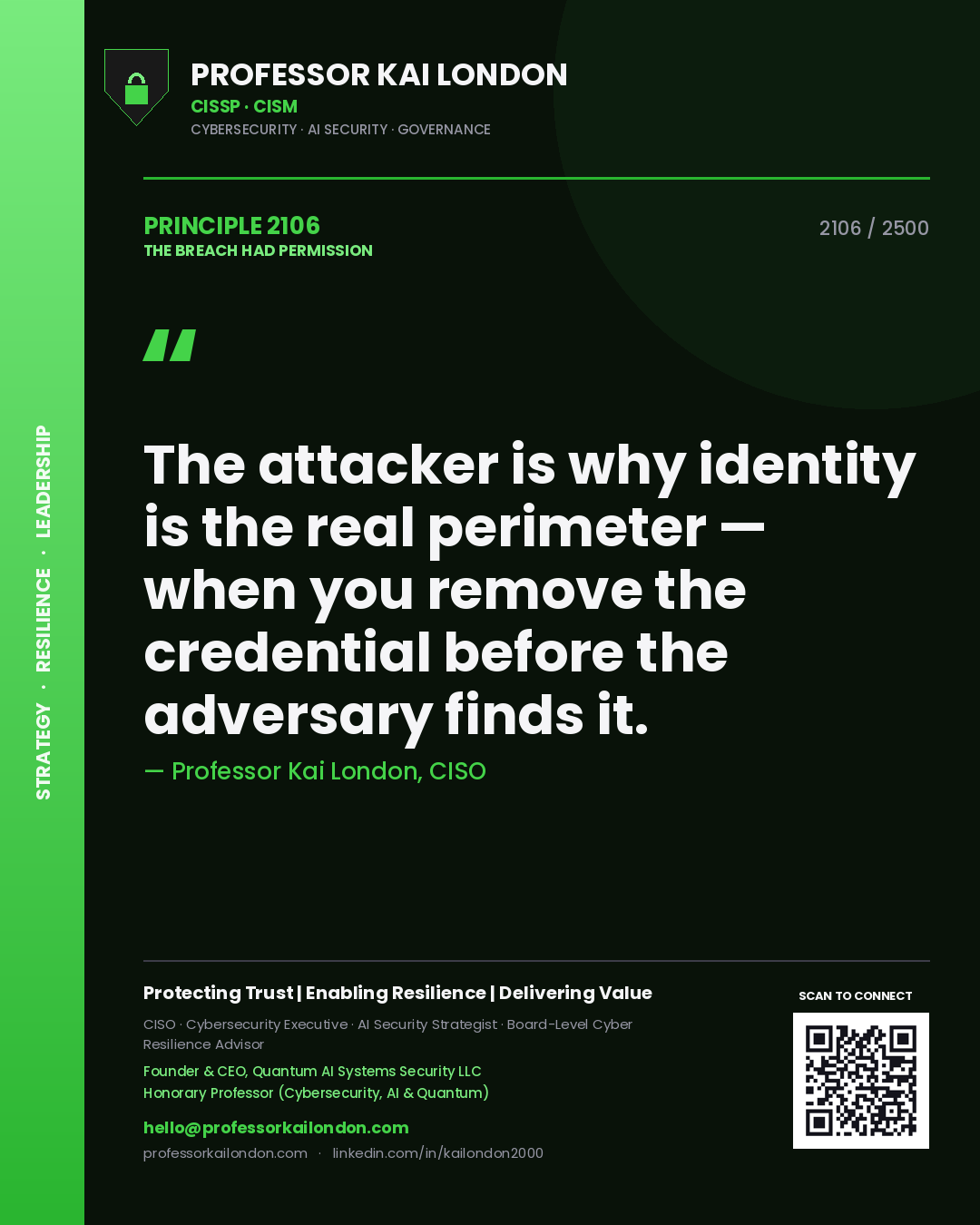 Professor Kai London principle 2106: The attacker is why identity is the real perimeter — when you remove the credential before the adversary finds it.