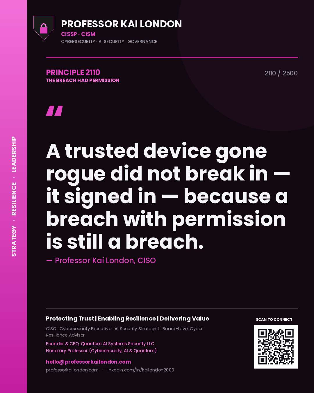 Quote card by Professor Kai London reading 'A trusted device gone rogue did not break in — it signed in — because a breach with permission is still a breach.'. From the book The Breach Had Permission.