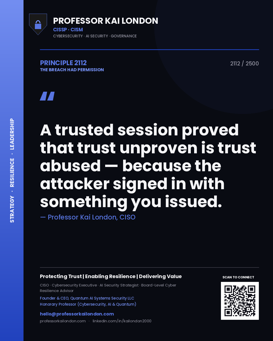 Professor Kai London principle 2112: A trusted session proved that trust unproven is trust abused — because the attacker signed in with something you issued.