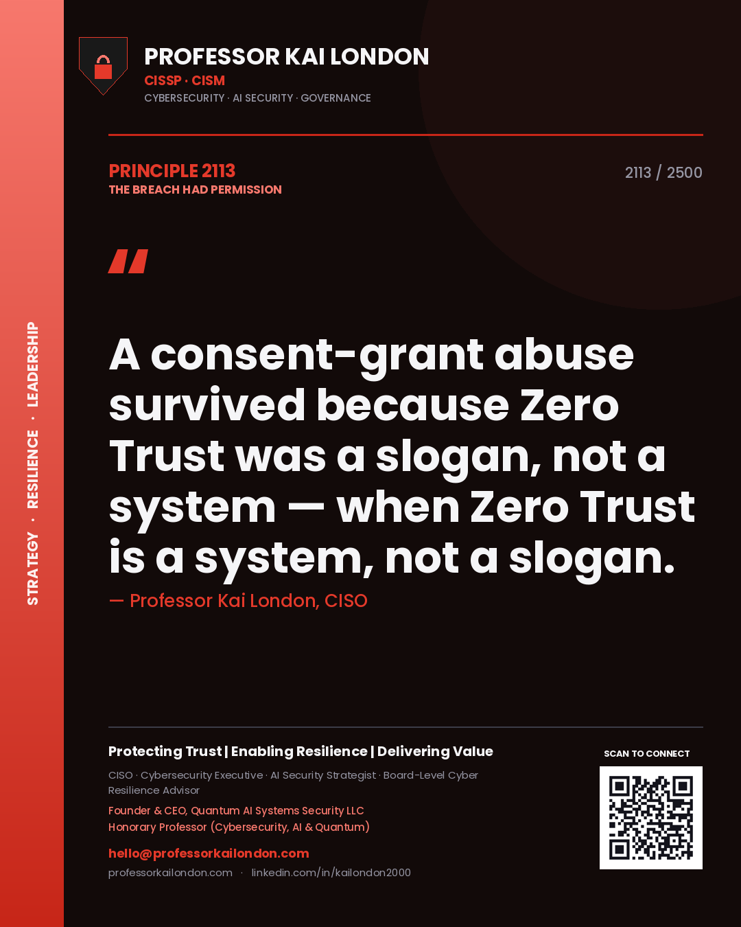 Quote card by Professor Kai London reading 'A consent-grant abuse survived because Zero Trust was a slogan, not a system — when Zero Trust is a system, not a slogan.'. From the book The Breach Had Permission.