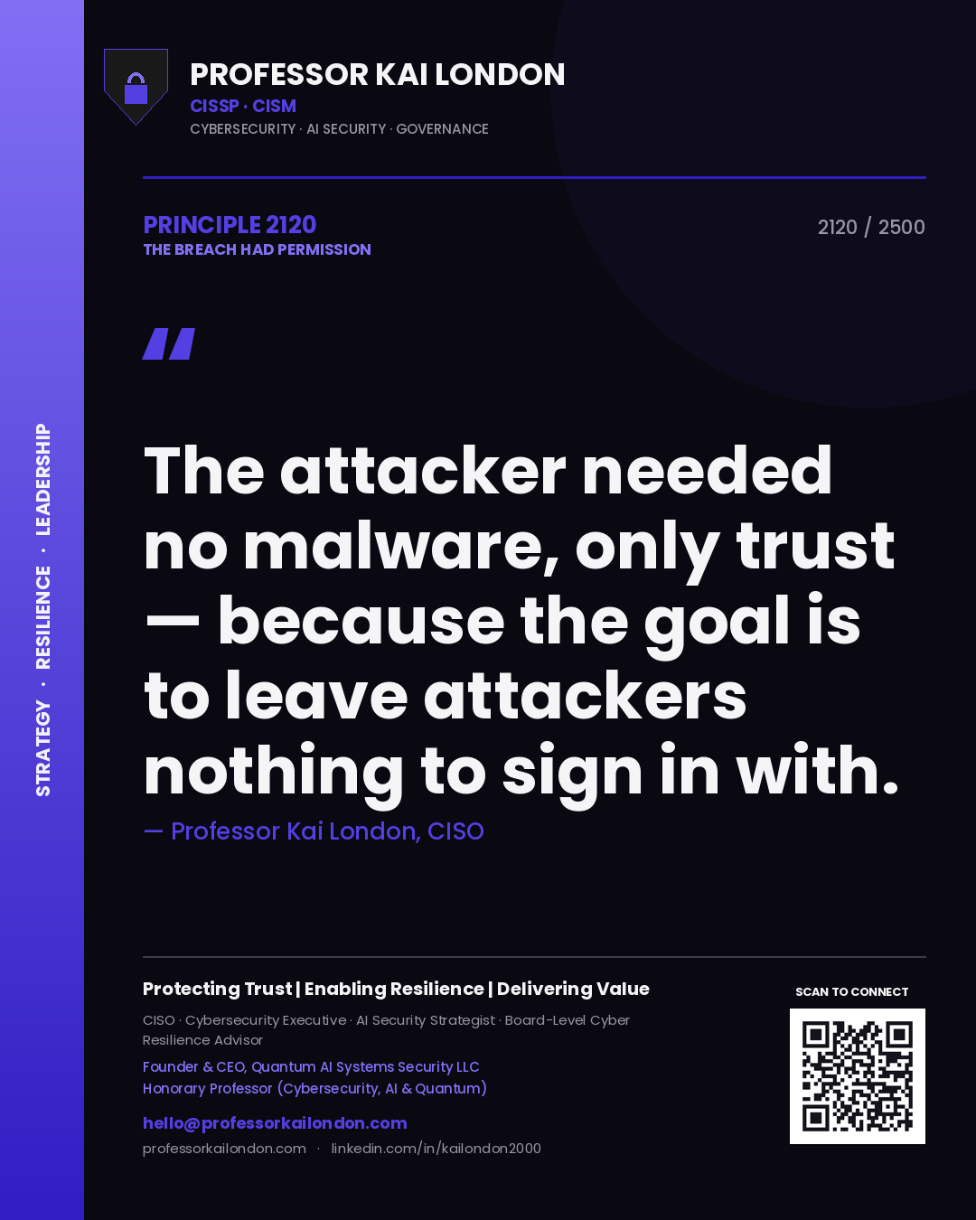 Professor Kai London principle 2120: The attacker needed no malware, only trust — because the goal is to leave attackers nothing to sign in with.