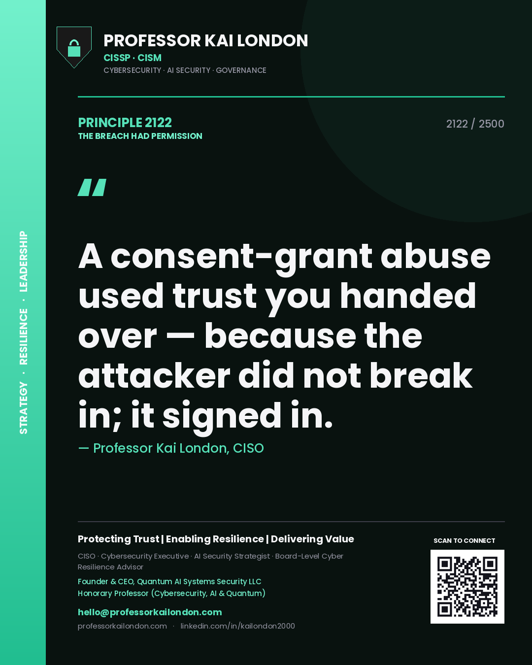Professor Kai London principle 2122: A consent-grant abuse used trust you handed over — because the attacker did not break in; it signed in.