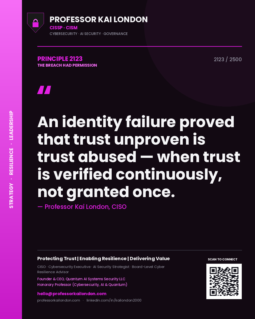 Professor Kai London principle 2123: An identity failure proved that trust unproven is trust abused — when trust is verified continuously, not granted once.