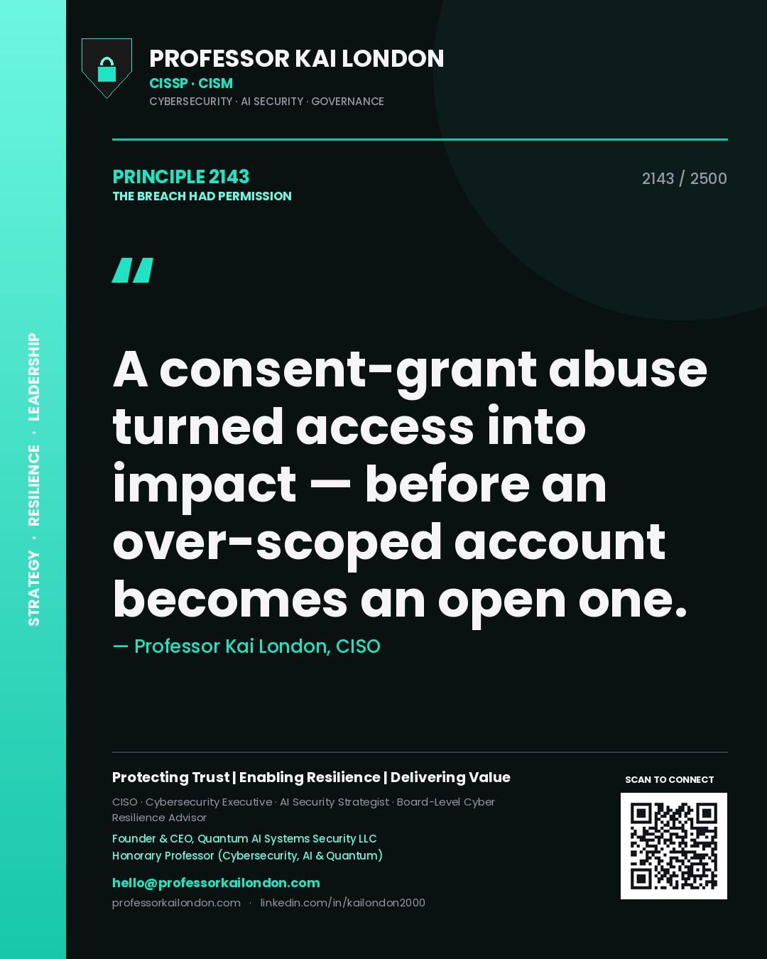 Quote card by Professor Kai London reading 'A consent-grant abuse turned access into impact — before an over-scoped account becomes an open one.'. From the book The Breach Had Permission.