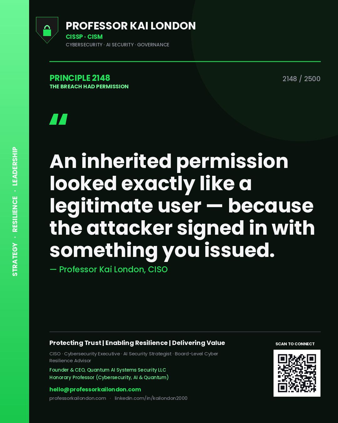 Professor Kai London principle 2148: An inherited permission looked exactly like a legitimate user — because the attacker signed in with something you issued.