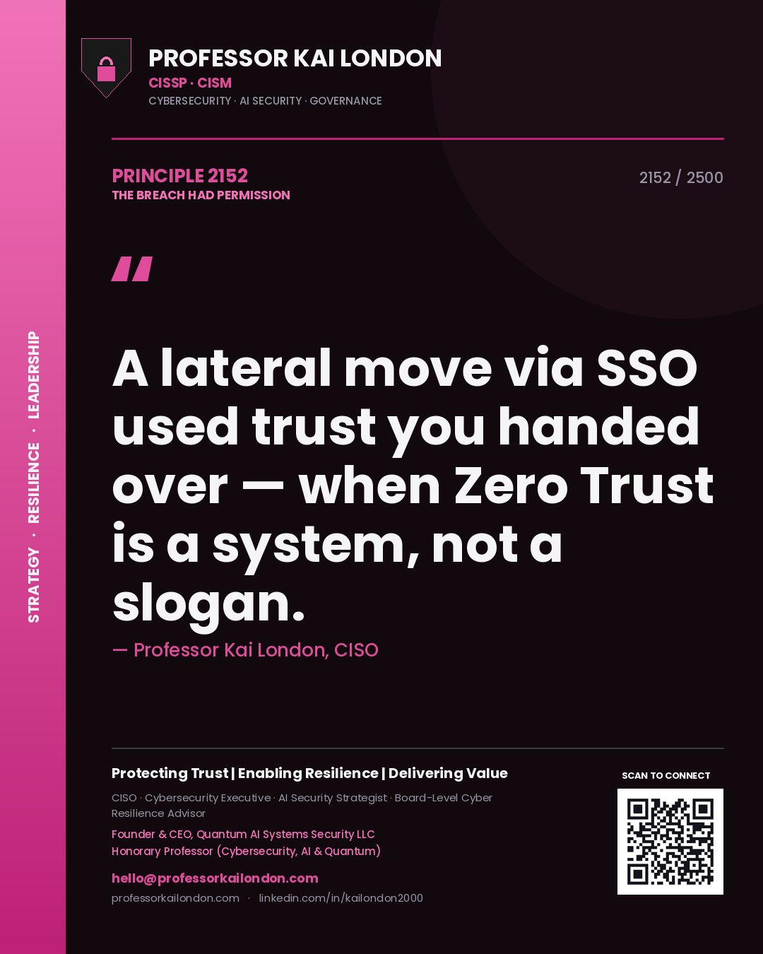 Professor Kai London principle 2152: A lateral move via SSO used trust you handed over — when Zero Trust is a system, not a slogan.