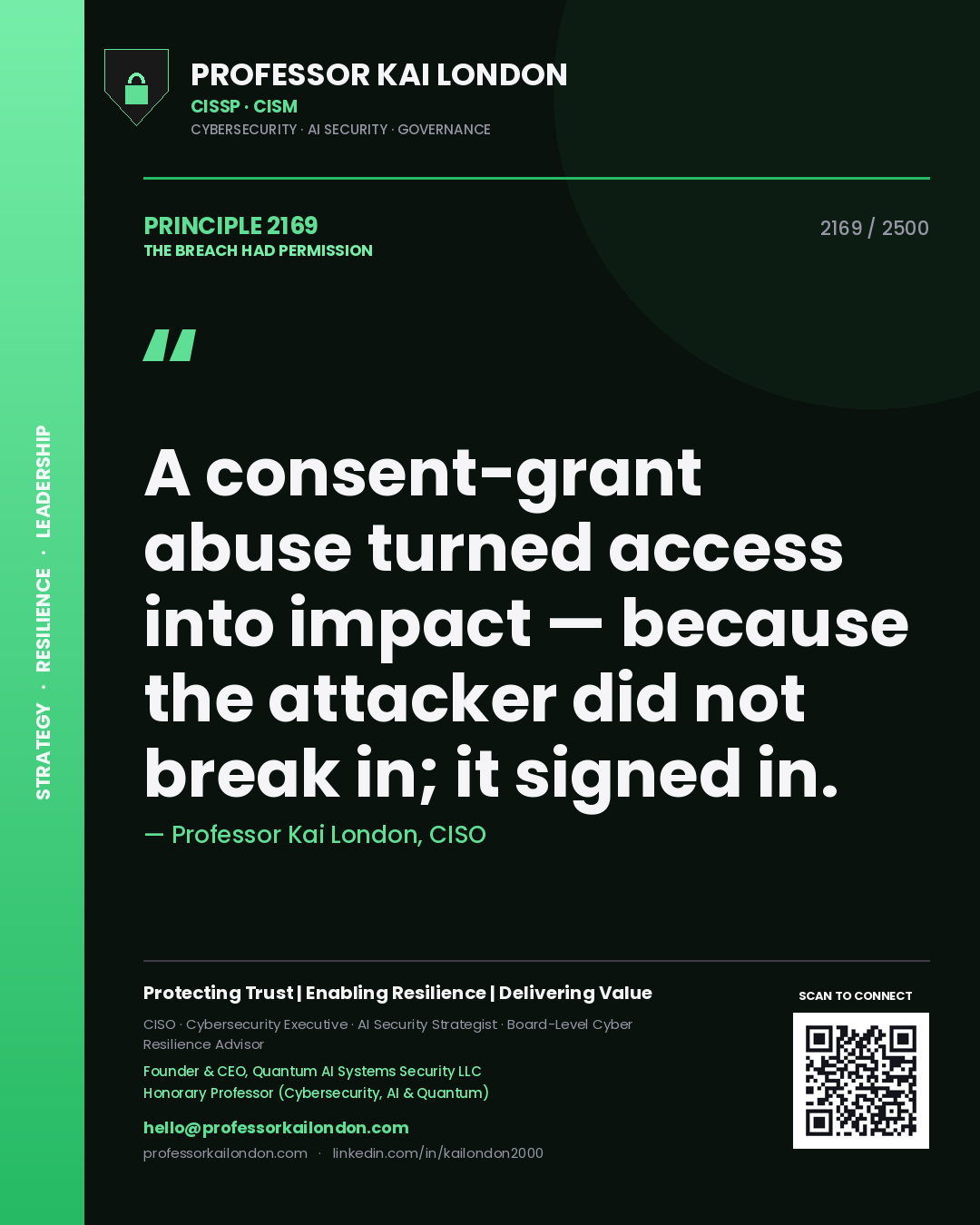Quote card by Professor Kai London reading 'A consent-grant abuse turned access into impact — because the attacker did not break in; it signed in.'. From the book The Breach Had Permission.