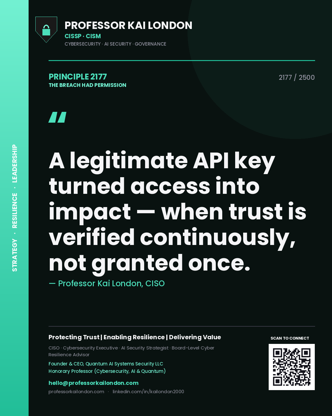 Professor Kai London principle 2177: A legitimate API key turned access into impact — when trust is verified continuously, not granted once.