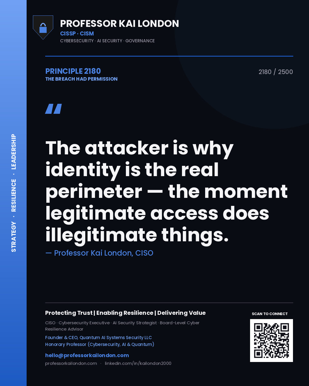 Professor Kai London principle 2180: The attacker is why identity is the real perimeter — the moment legitimate access does illegitimate things.