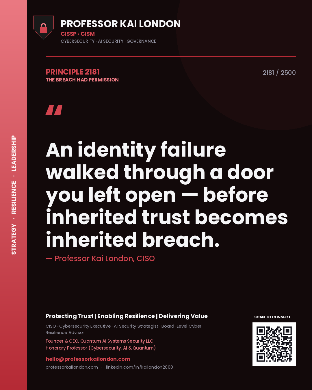 Quote card by Professor Kai London reading 'An identity failure walked through a door you left open — before inherited trust becomes inherited breach.'. From the book The Breach Had Permission.