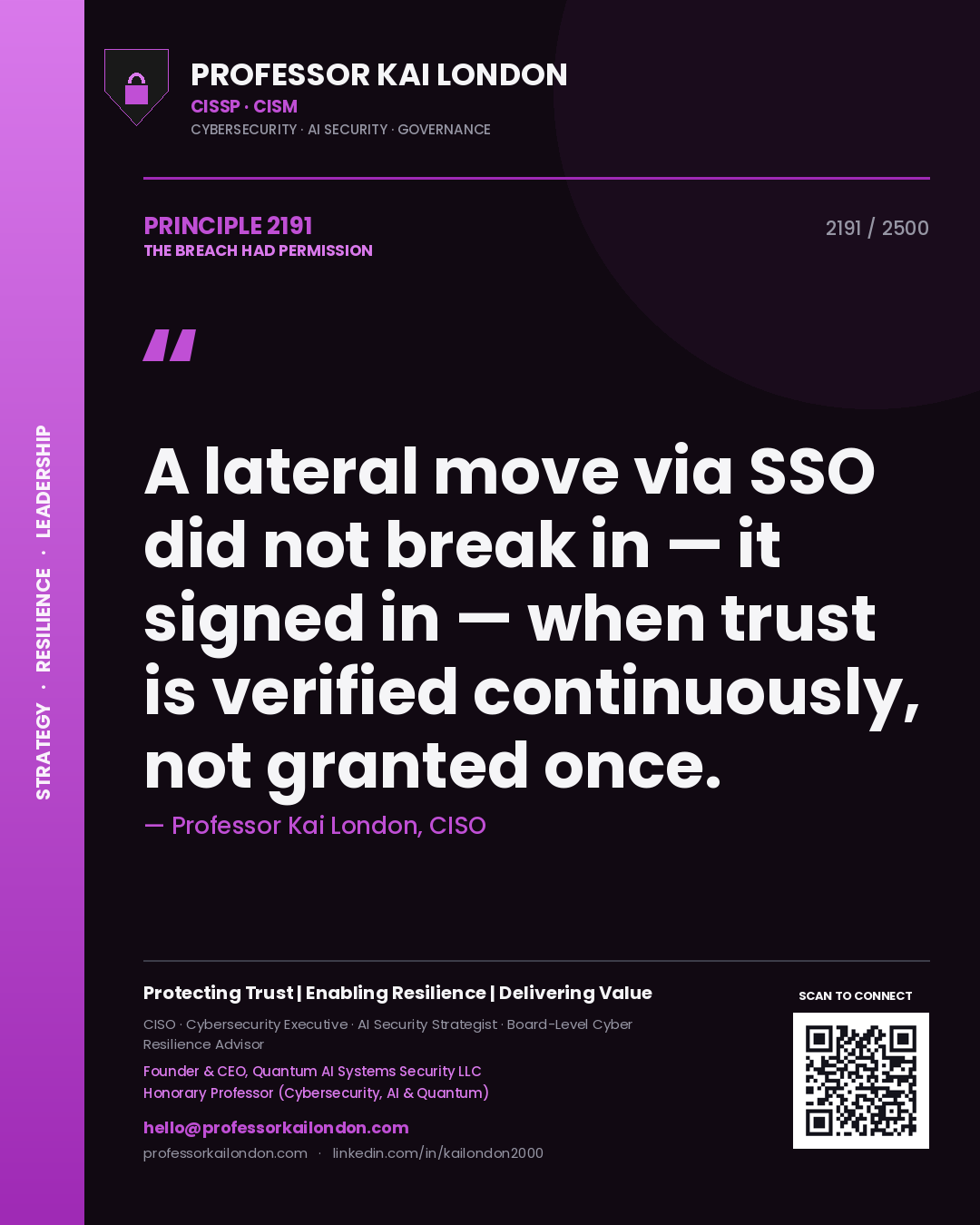 Professor Kai London principle 2191: A lateral move via SSO did not break in — it signed in — when trust is verified continuously, not granted once.