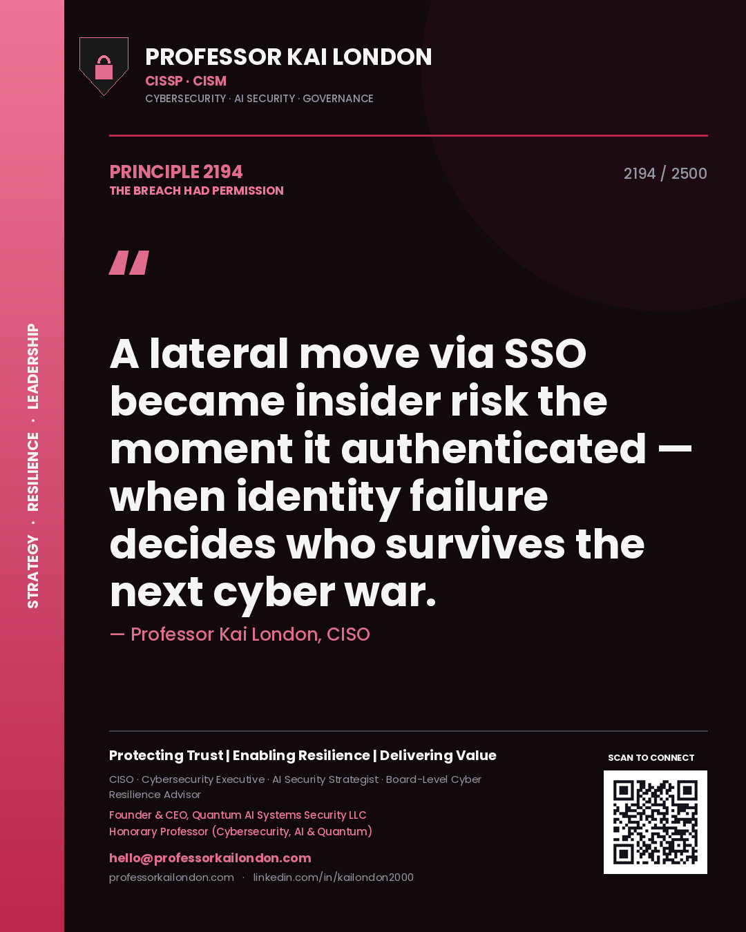 Professor Kai London principle 2194: A lateral move via SSO became insider risk the moment it authenticated — when identity failure decides who survives the next cyber war.