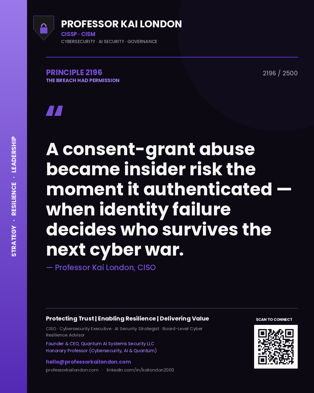 Professor Kai London principle 2196: A consent-grant abuse became insider risk the moment it authenticated — when identity failure decides who survives the next cyber war.