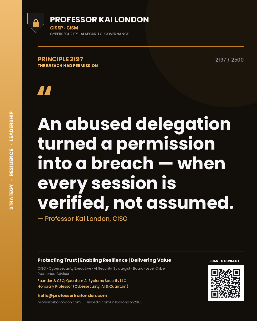 Quote card by Professor Kai London reading 'An abused delegation turned a permission into a breach — when every session is verified, not assumed.'. From the book The Breach Had Permission.