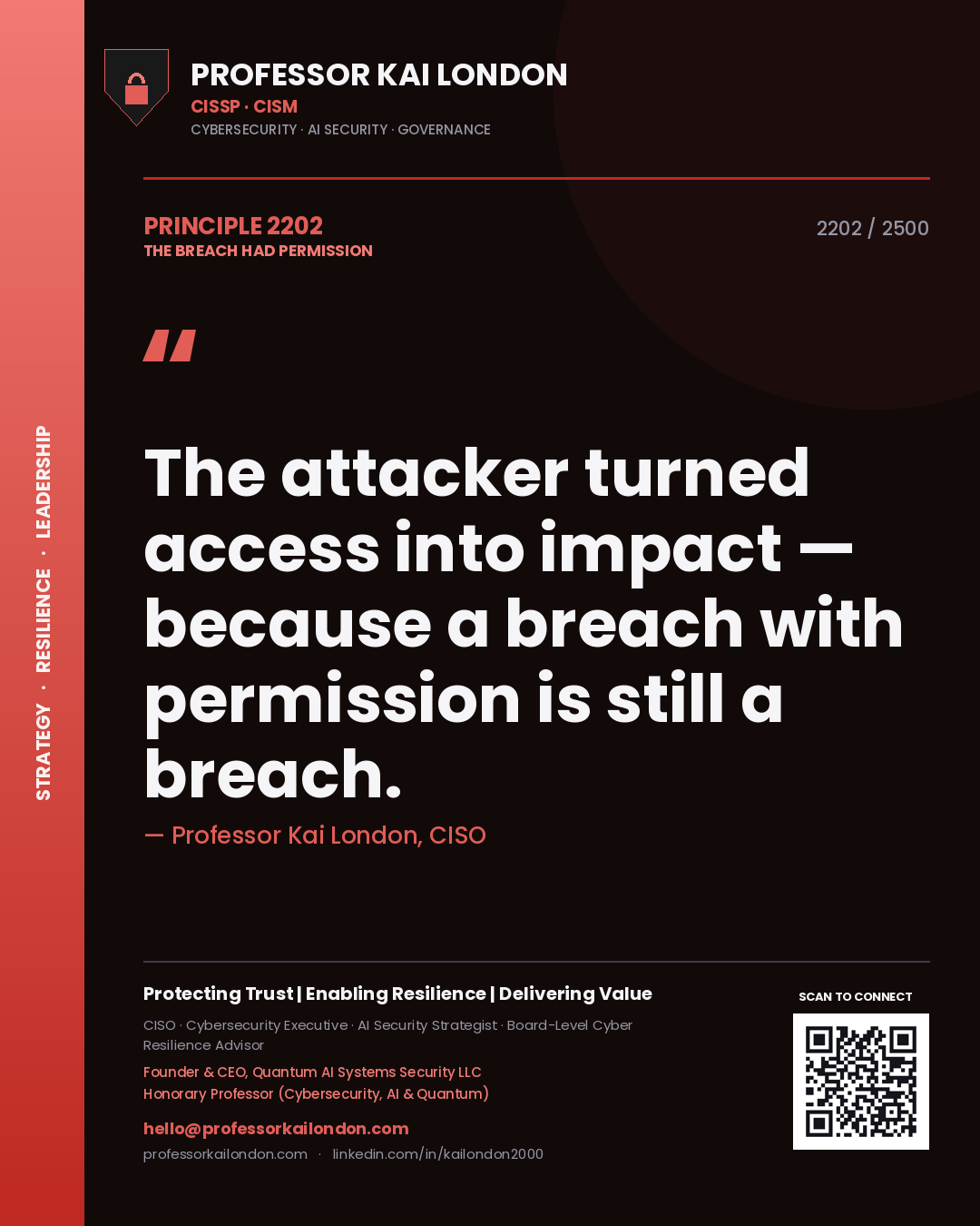 Quote card by Professor Kai London reading 'The attacker turned access into impact — because a breach with permission is still a breach.'. From the book The Breach Had Permission.