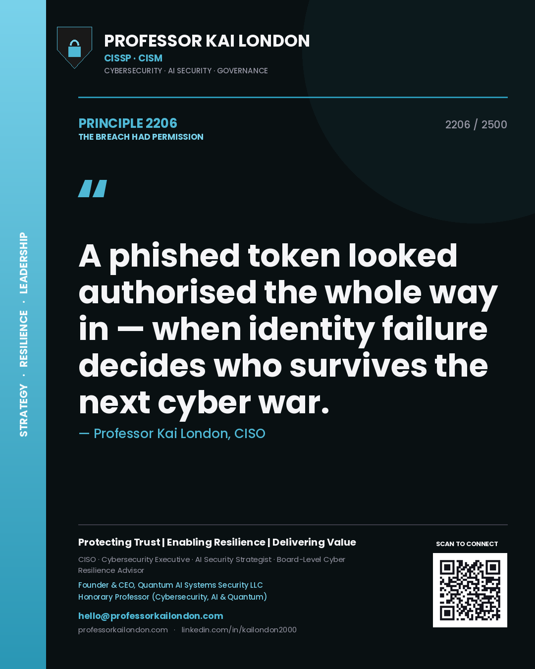 Quote card by Professor Kai London reading 'A phished token looked authorised the whole way in — when identity failure decides who survives the next cyber war.'. From the book The Breach Had Permission.