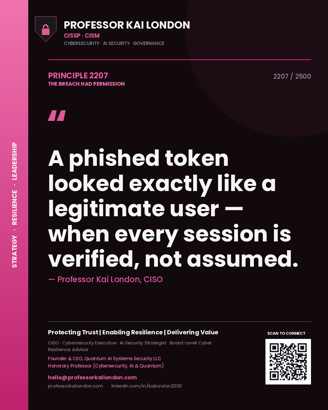 Quote card by Professor Kai London reading 'A phished token looked exactly like a legitimate user — when every session is verified, not assumed.'. From the book The Breach Had Permission.