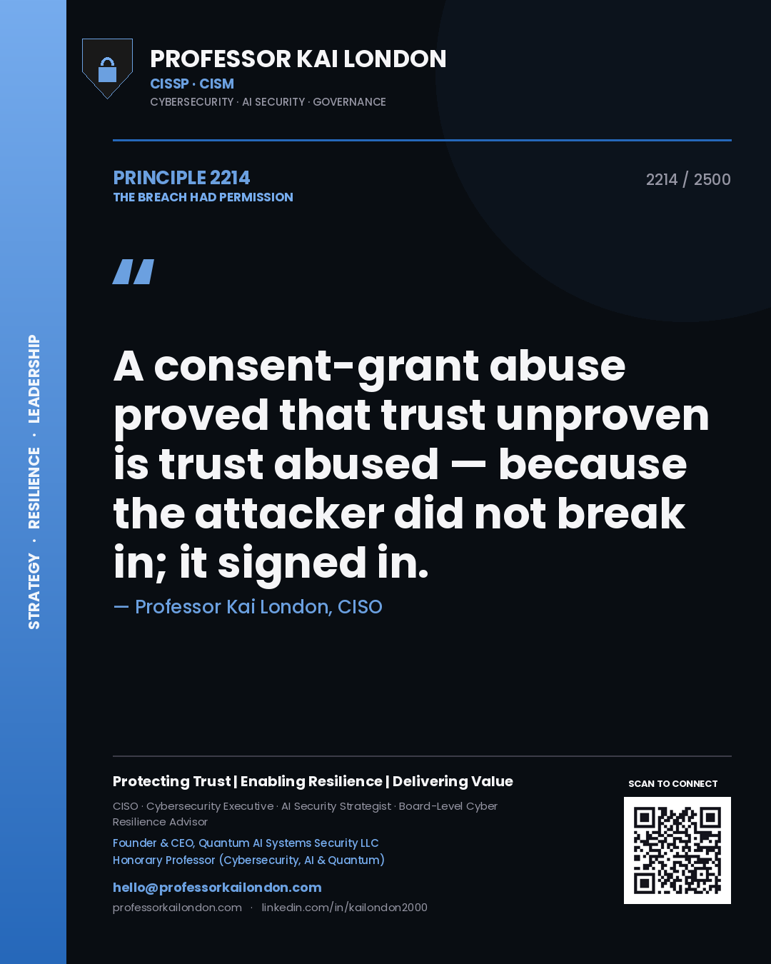 Quote card by Professor Kai London reading 'A consent-grant abuse proved that trust unproven is trust abused — because the attacker did not break in; it signed in.'. From the book The Breach Had Permission.