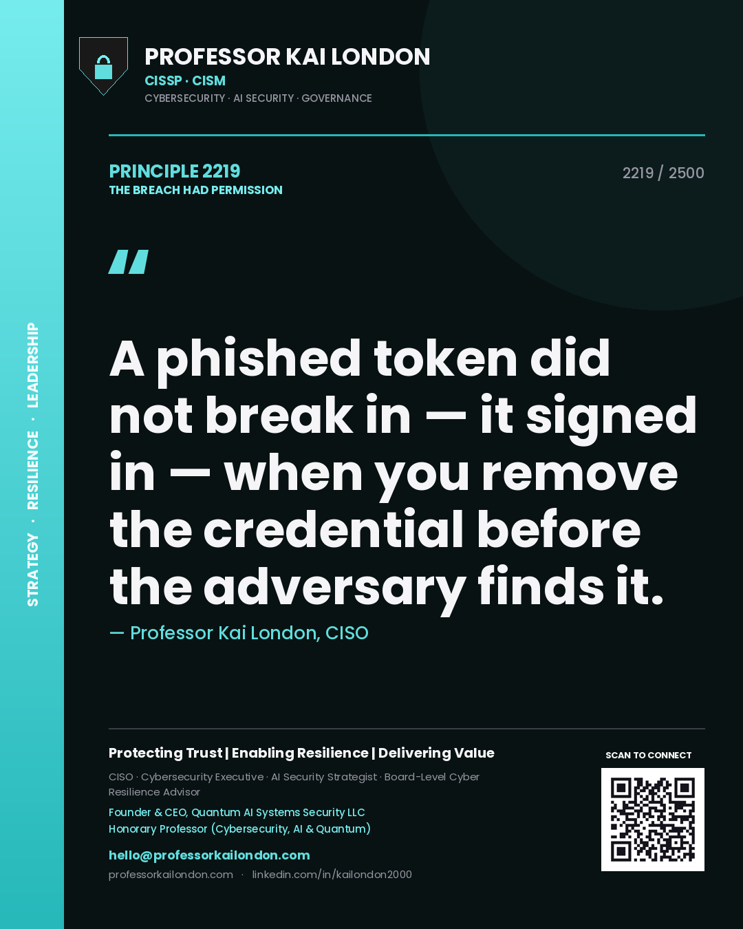 Quote card by Professor Kai London reading 'A phished token did not break in — it signed in — when you remove the credential before the adversary finds it.'. From the book The Breach Had Permission.