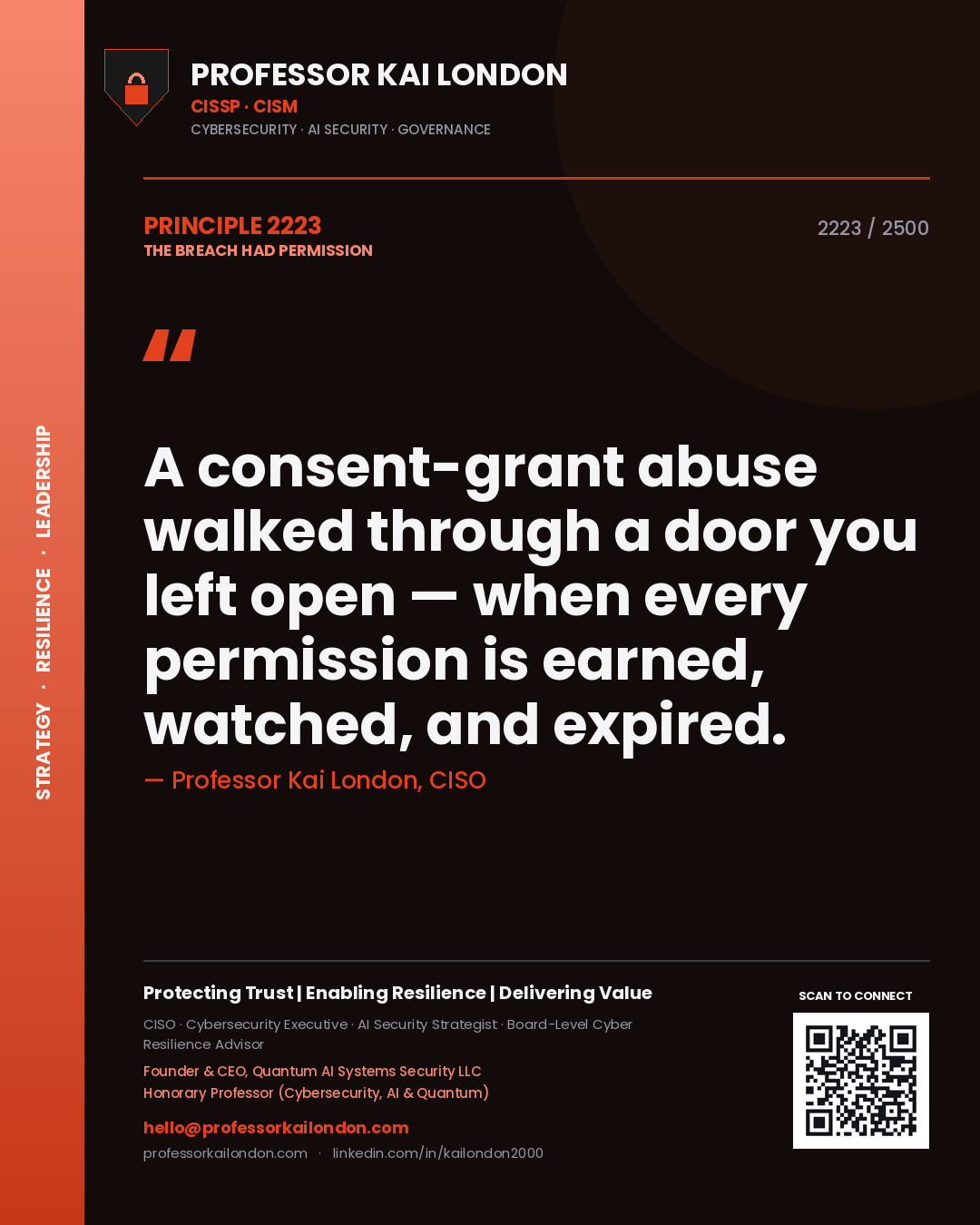 Quote card by Professor Kai London reading 'A consent-grant abuse walked through a door you left open — when every permission is earned, watched, and expired.'. From the book The Breach Had Permission.