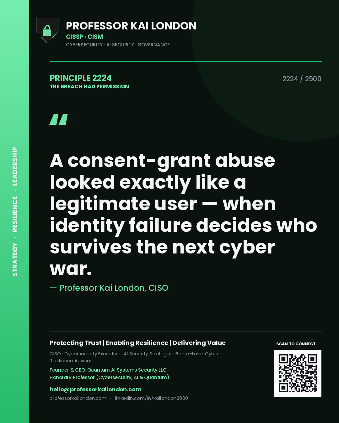 Quote card by Professor Kai London reading 'A consent-grant abuse looked exactly like a legitimate user — when identity failure decides who survives the next cyber war.'. From the book The Breach Had Permission.