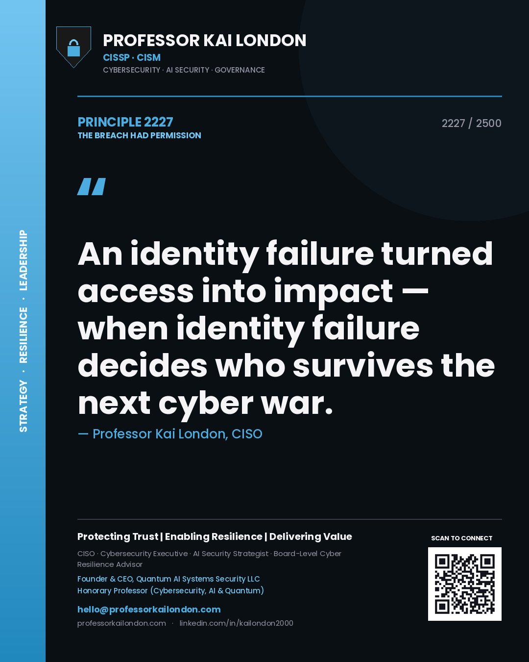Quote card by Professor Kai London reading 'An identity failure turned access into impact — when identity failure decides who survives the next cyber war.'. From the book The Breach Had Permission.