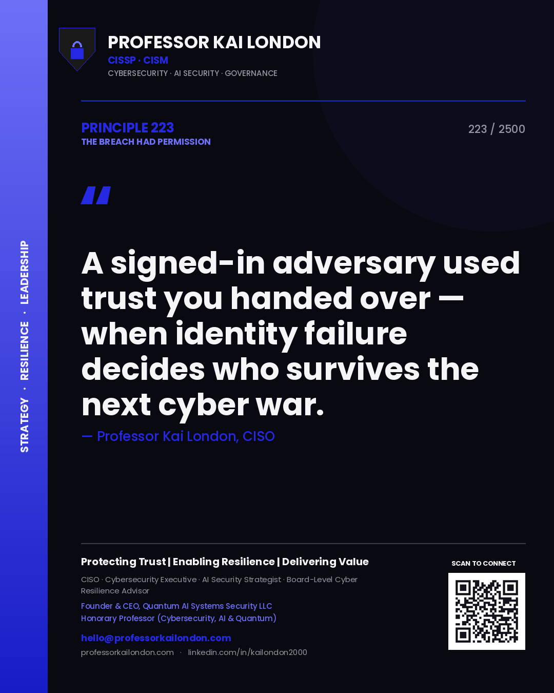 Quote card by Professor Kai London reading 'A signed-in adversary used trust you handed over — when identity failure decides who survives the next cyber war.'. From the book The Breach Had Permission.