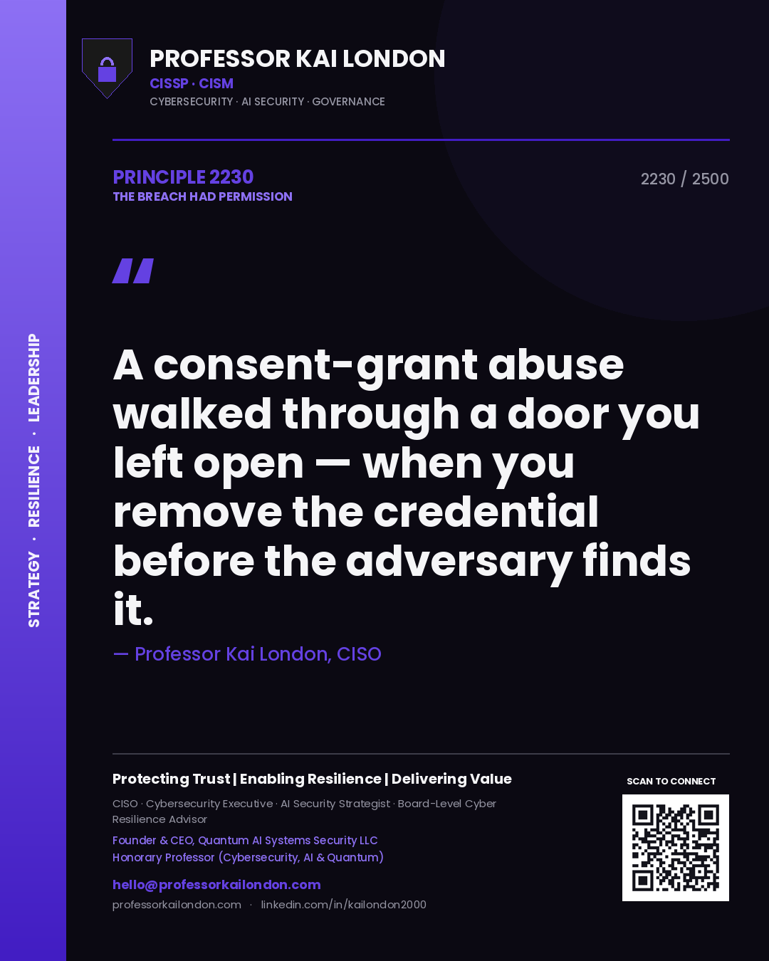 Quote card by Professor Kai London reading 'A consent-grant abuse walked through a door you left open — when you remove the credential before the adversary finds it.'. From the book The Breach Had Permission.