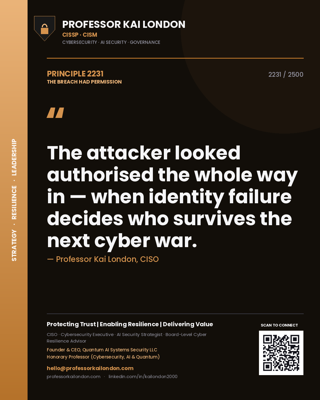 Quote card by Professor Kai London reading 'The attacker looked authorised the whole way in — when identity failure decides who survives the next cyber war.'. From the book The Breach Had Permission.
