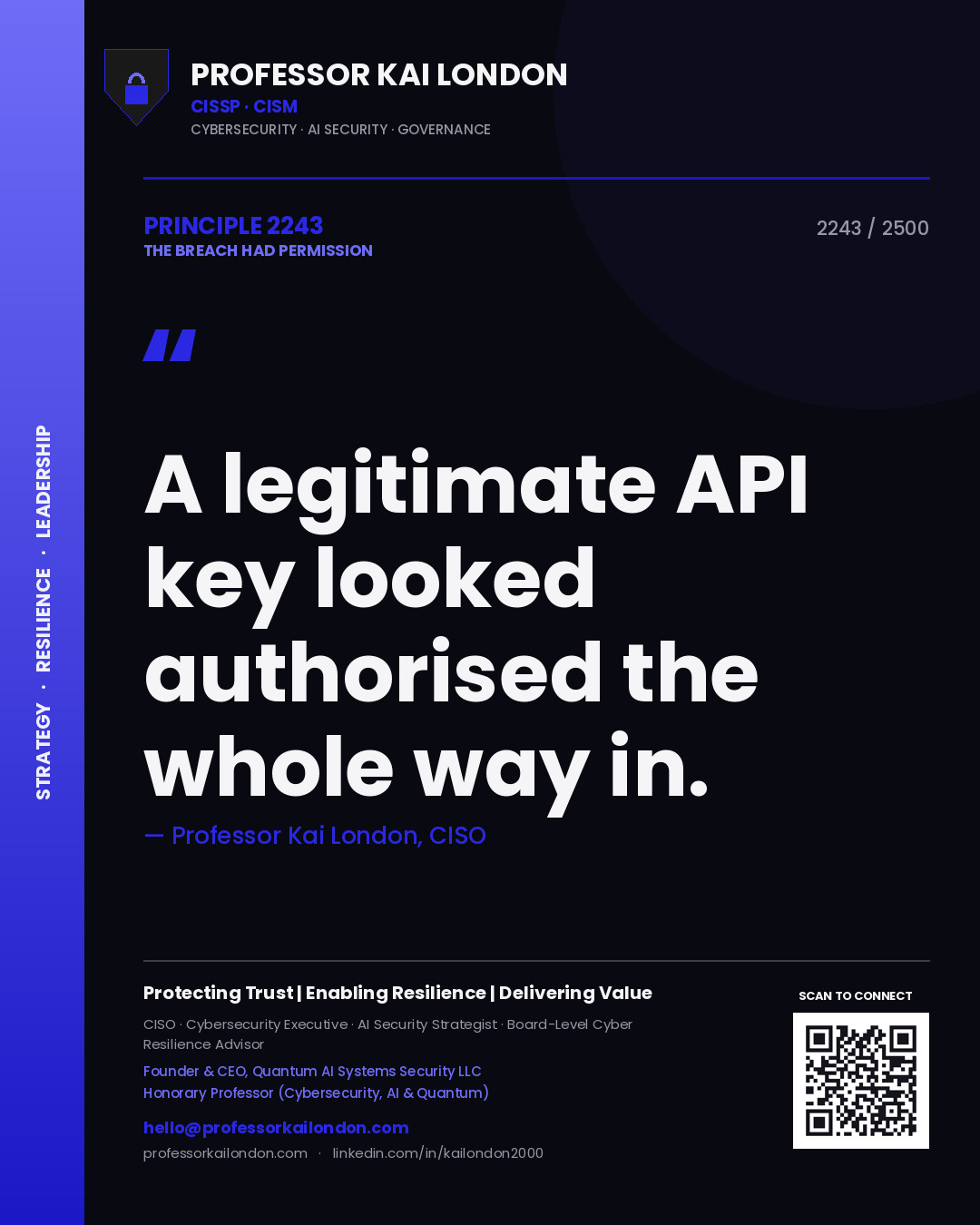 Quote card by Professor Kai London reading 'A legitimate API key looked authorised the whole way in.'. From the book The Breach Had Permission.