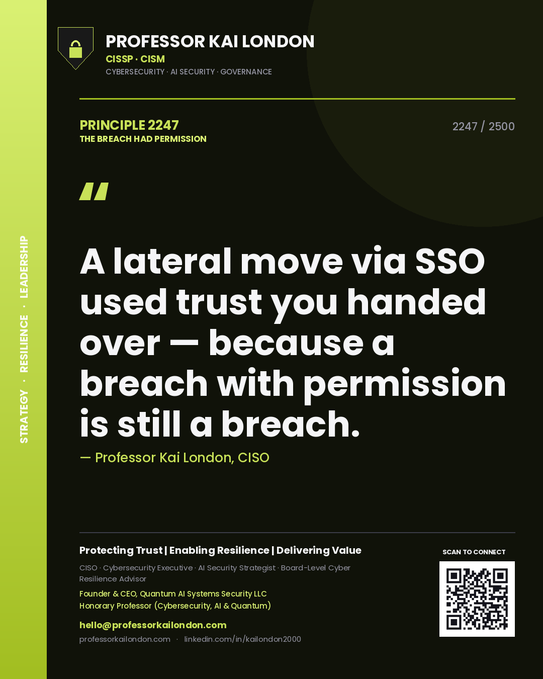 Quote card by Professor Kai London reading 'A lateral move via SSO used trust you handed over — because a breach with permission is still a breach.'. From the book The Breach Had Permission.